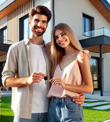 DALL·E 2025-02-24 15.11.27 - A happy couple standing in front of their newly purchased modern house, holding house keys and smiling. The house has a sleek design with large window
