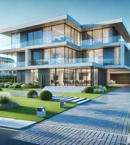 DALL·E 2025-02-24 15.11.51 - A high-definition image of a luxurious modern real estate property. The house features sleek architecture, large glass windows, a spacious driveway, a