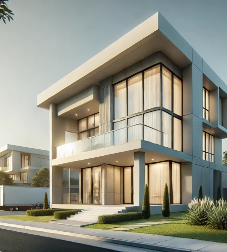 DALL·E 2025-02-24 15.12.35 - A high-quality 3D-rendered model of a modern house. The house features a sleek contemporary design with large windows, a spacious balcony, and a well-